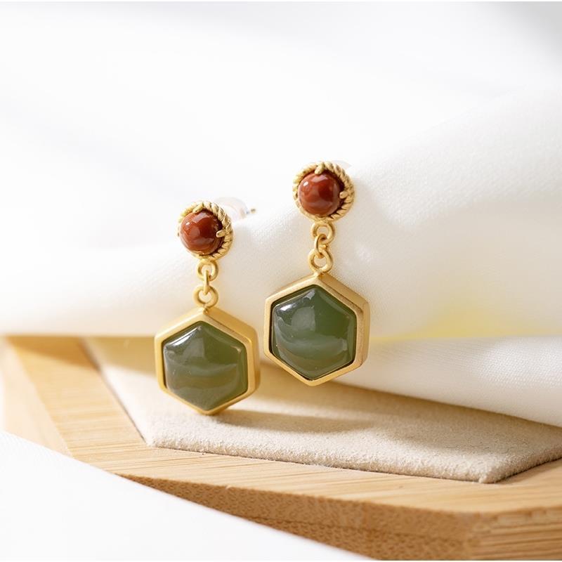 Lokaloca Natural Jade Hexagonal Geometry Earrings