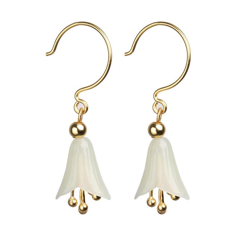 Natural Fine Jade Lily Orchid Earrings Retro Designer Craftsmanship Elegant Charm Women's Silver Jewelry