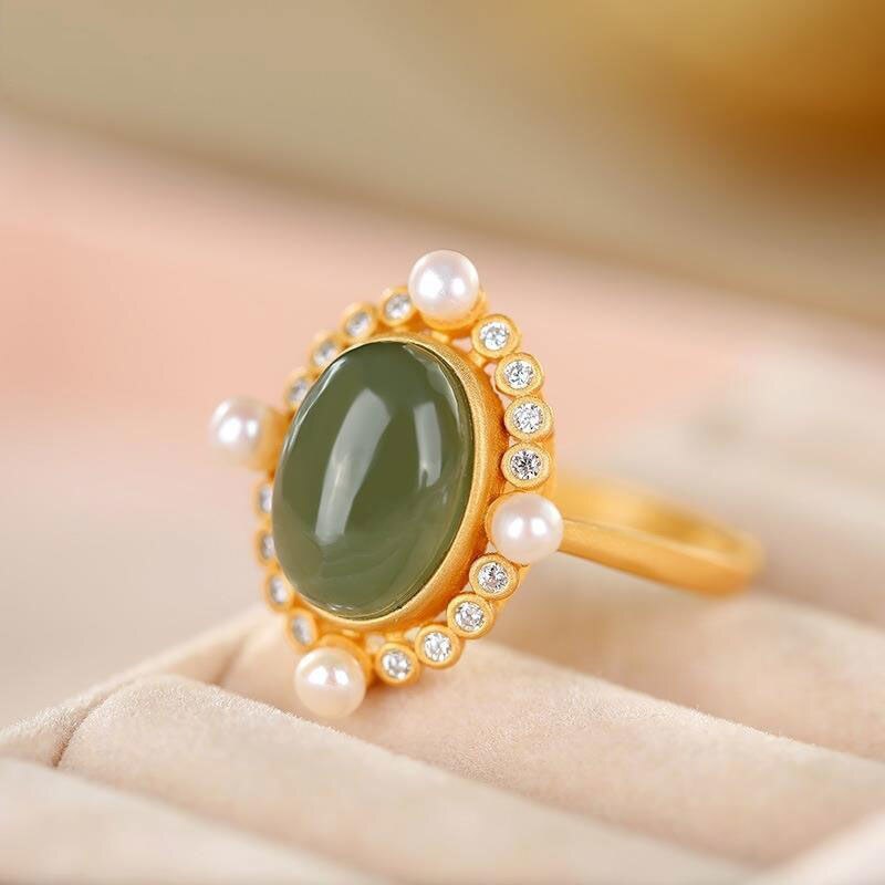 Lokaloca Natural Fine Jade Pearl Silver Open Rings