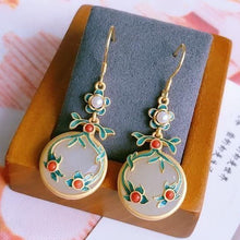 Load image into Gallery viewer, Natural Fine Jade Earrings 925 Silver Enamel Auspicious Earrings Ethnic Retro Bohemian Female Earrings
