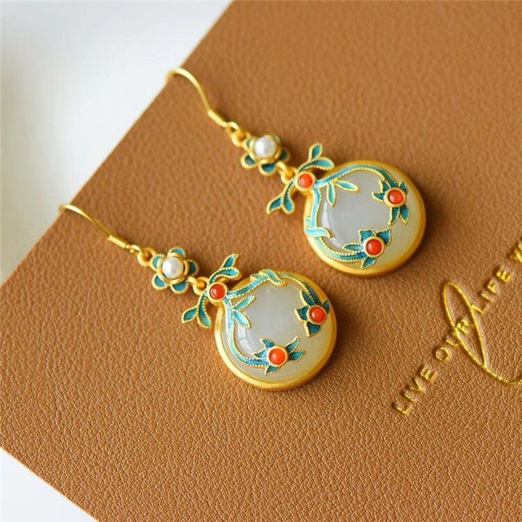 Natural Fine Jade Earrings 925 Silver Enamel Auspicious Earrings Ethnic Retro Bohemian Female Earrings