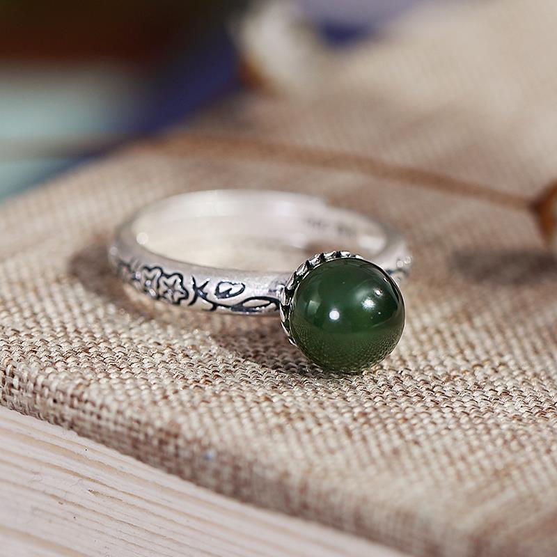 Natural Fine Jade Jasper Adjustable Ring Vintage Retro Style Original Designer Unique Craft Thai Silver Charm Jewelry