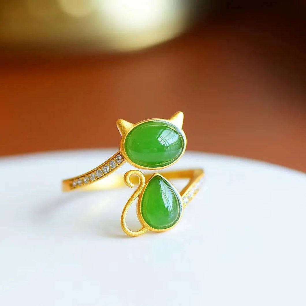 Lokaloca Natural Fine Jade Jasper Cat Opening Adjustable Ring