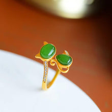 Load image into Gallery viewer, Lokaloca Natural Fine Jade Jasper Cat Opening Adjustable Ring
