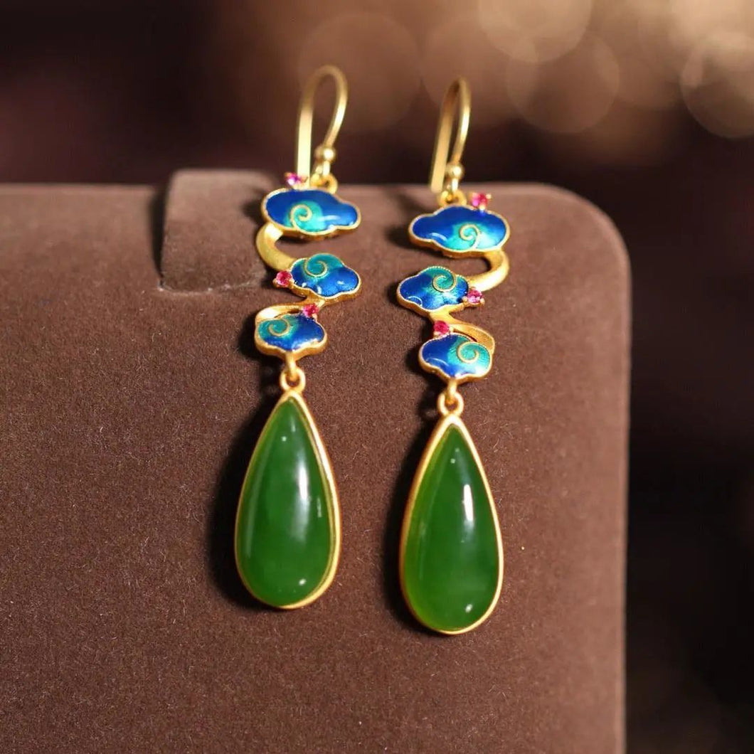 Lokaloca Natural Fine Jade Jasper Enamel Porcelain Craft Earrings