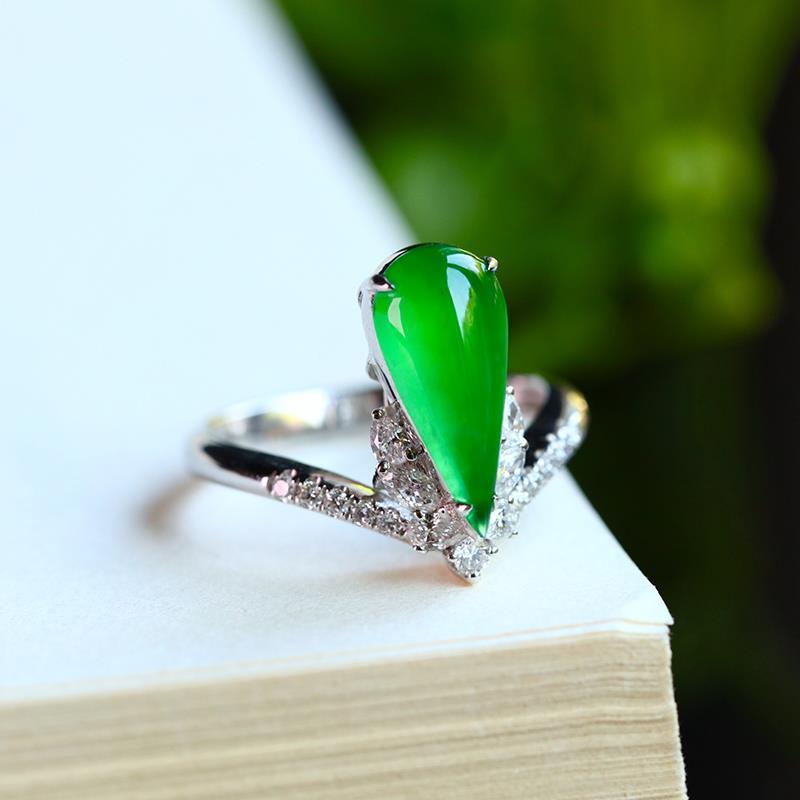 Natural Fine Jade Jasper Green Drop-shaped Opening Adjustable Ring Vintage Elegant Charm Ladies Silver Jewelry