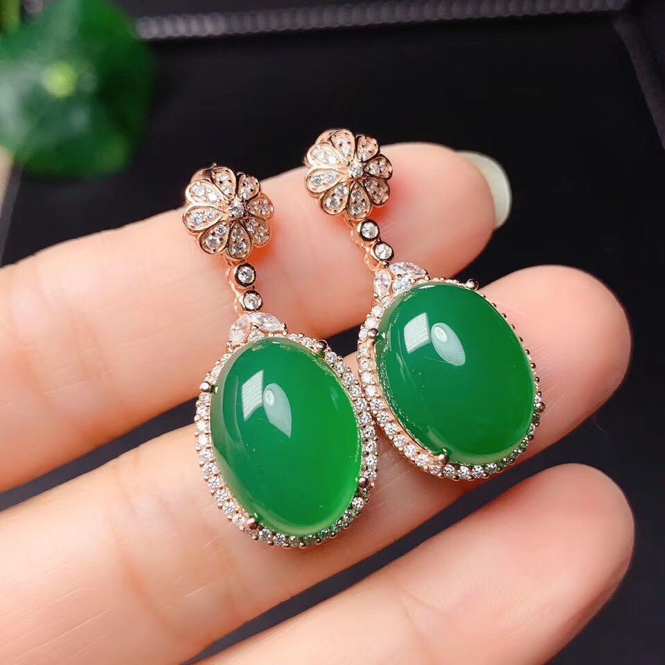 Natural Fine Jade Jasper Oval Earrings Vintage Style Retro Shining Luxury Charm Women's Silver Jewelry