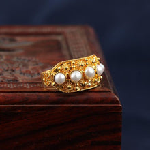 Load image into Gallery viewer, Natural Fine Jade Pearl Open Ring Vintage Retro Unique Ancient Golden Craft Charm Women&#39;s Silver Jewelry
