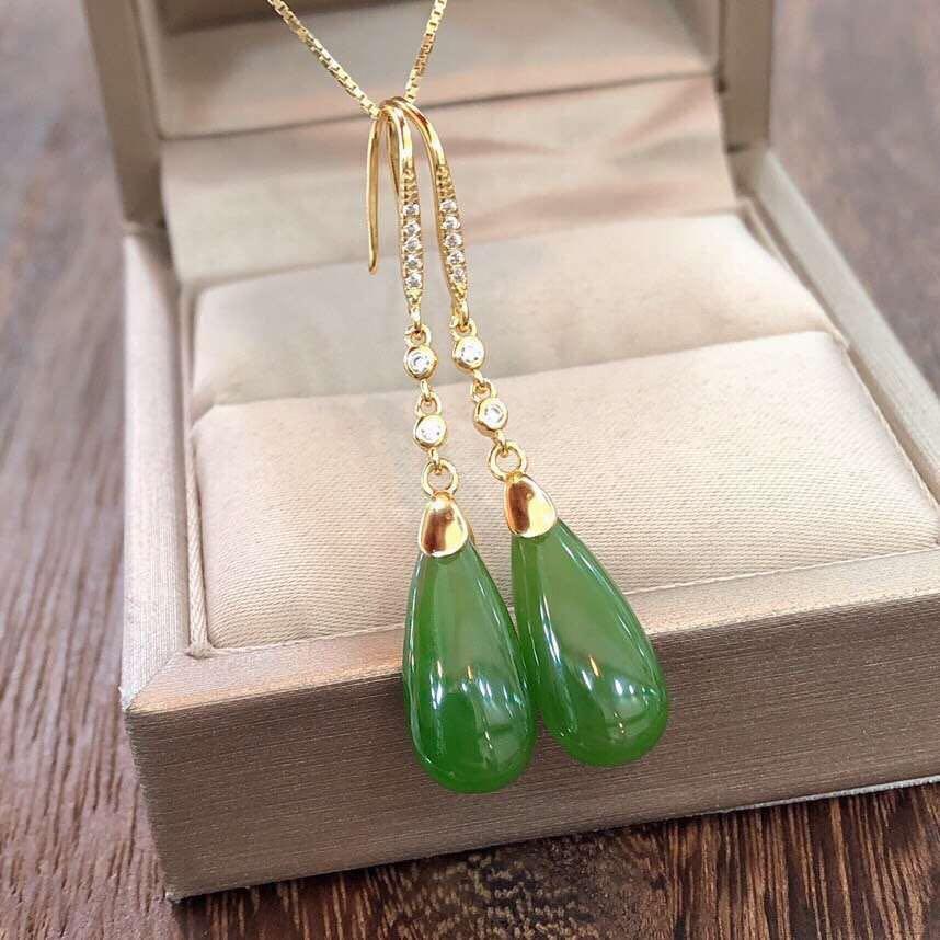 Natural Fine Jade Jasper Water Drop Long Earrings Vintage Retro Luxury Charm Ladies Silver Jewelry