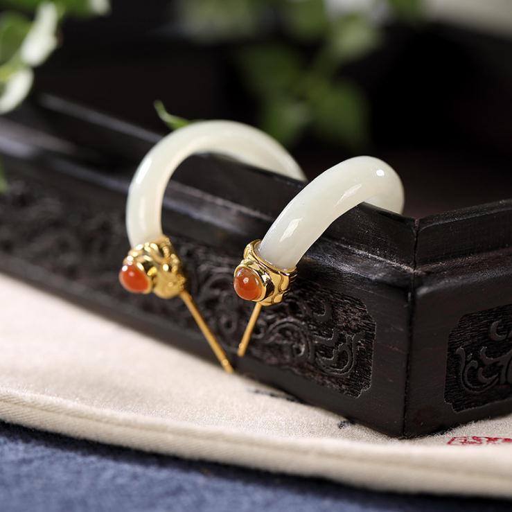 Natural Fine White Jade Curved Hook Earrings Vintage Retro Unique Craft Charm Women Give Gifts