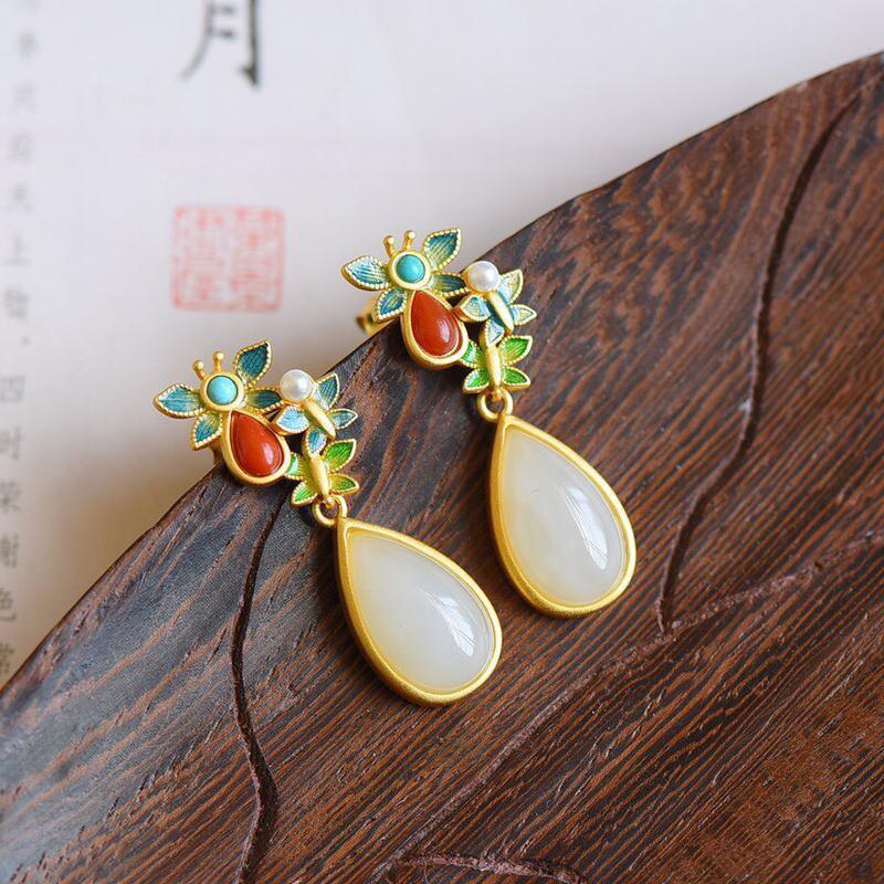 Natural Fine White Jade Drop Earrings Necklace Vintage Retro Style Elegant Silver Jewelry Set