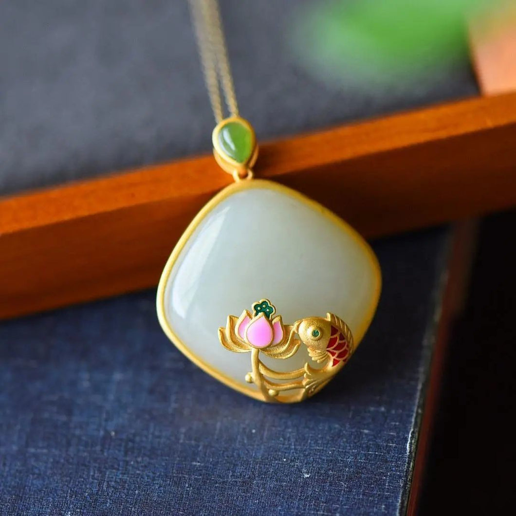 Natural Fine White Jade Koi Pendant Necklace Vintage Style Retro Lotus Elegant Women's Jewelry