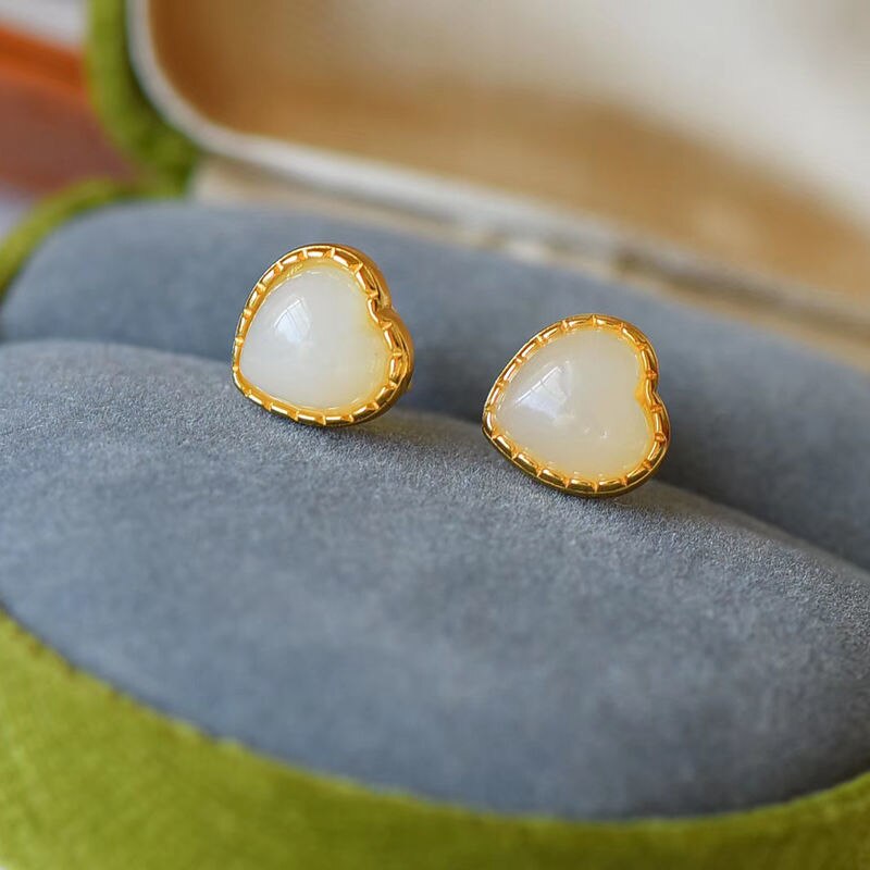 Natural Fine White Jade Love Earrings Vintage Style Retro Romantic Elegant Fairy Gift Silver Jewelry