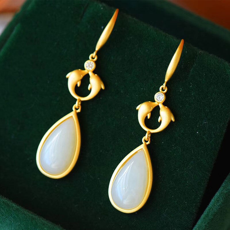 Lokaloca Natural Fine White Jade Dolphin Drop Earrings