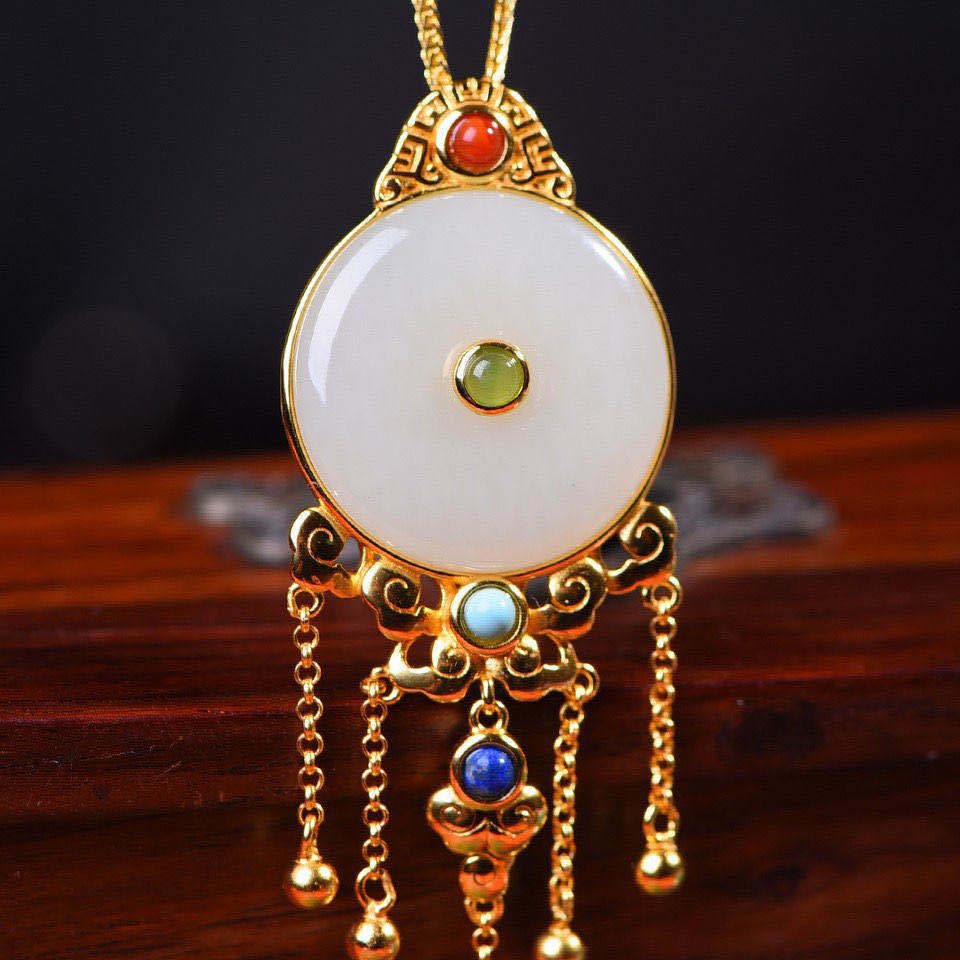 Natural Fine White Jade Round Pendant Necklace Vintage Retro Style Luxury Tassel Unique Craft Silver Jewelry