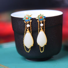 Load image into Gallery viewer, Natural Fine White Jade Drop Shaped Long Tassel Earrings Vintage Enamel Porcelain Charm Women&#39;s Jewelry
