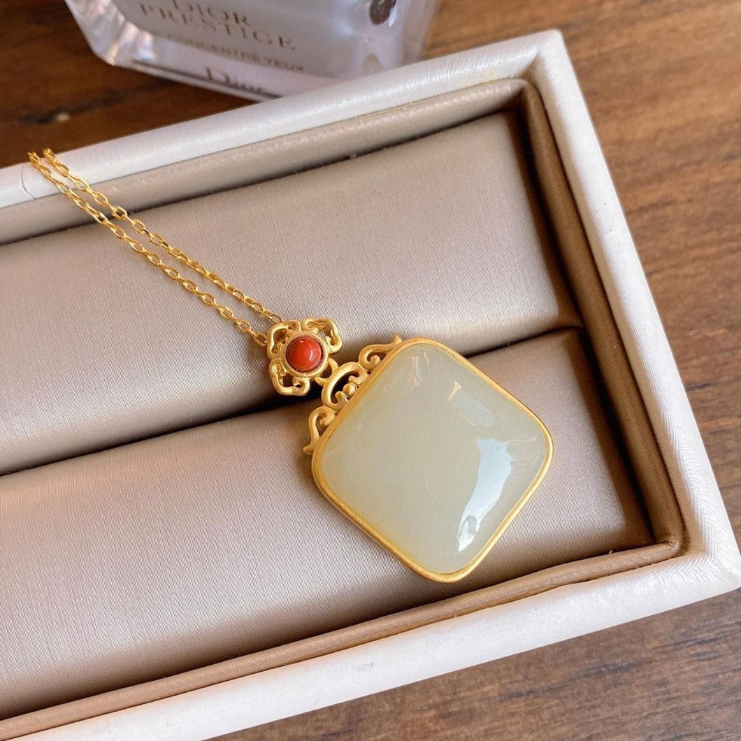 Natural Fine White Jade Square Pendant Necklace Vintage Style Retro Style Elegant Charm Women's Brand Jewelry