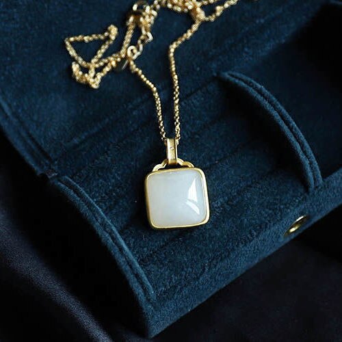 Natural Fine White Jade Square Pendant Necklace Vintage Style Retro Design Elegant Women's Jewelry