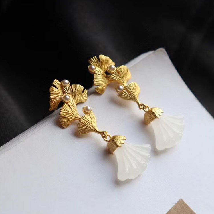 Lokaloca Natural Fine White Jade Ginkgo Leaf Earrings