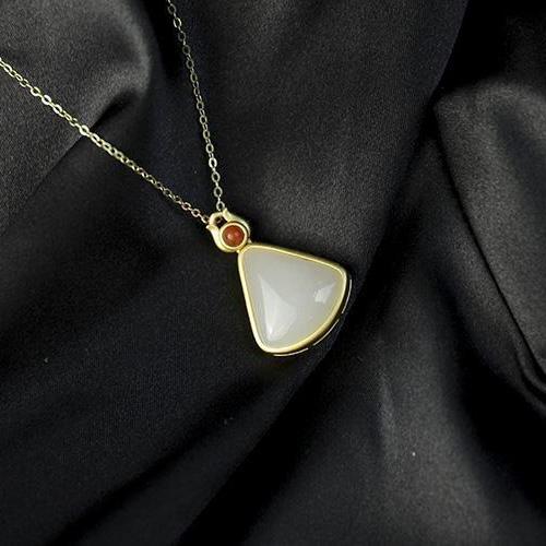 Natural Fine White Jade Geometric Pendant Necklace Vintage Style Retro Unique Craft Elegant Women's Silver Jewelry