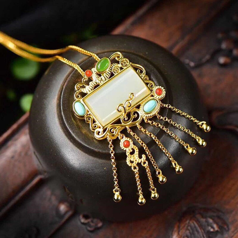 Natural Fine White Jade Geometric Tassel Pendant Necklace Vintage Retro Style Luxury Charm Women's Silver Jewelry