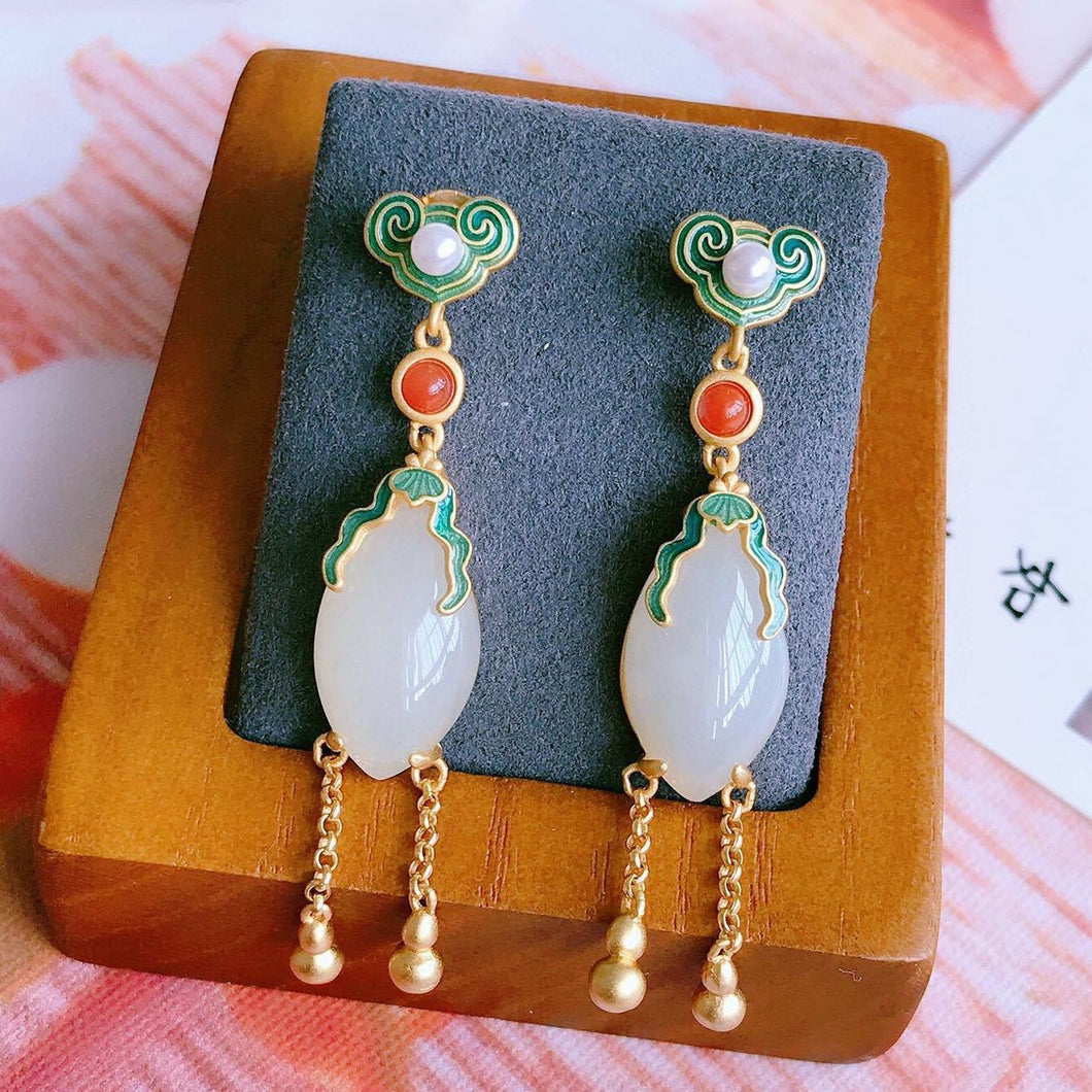 Natural Fine White Jade Tassel Earrings Vintage Style Retro Luxury Charm Designer Craft Silver Jewelry