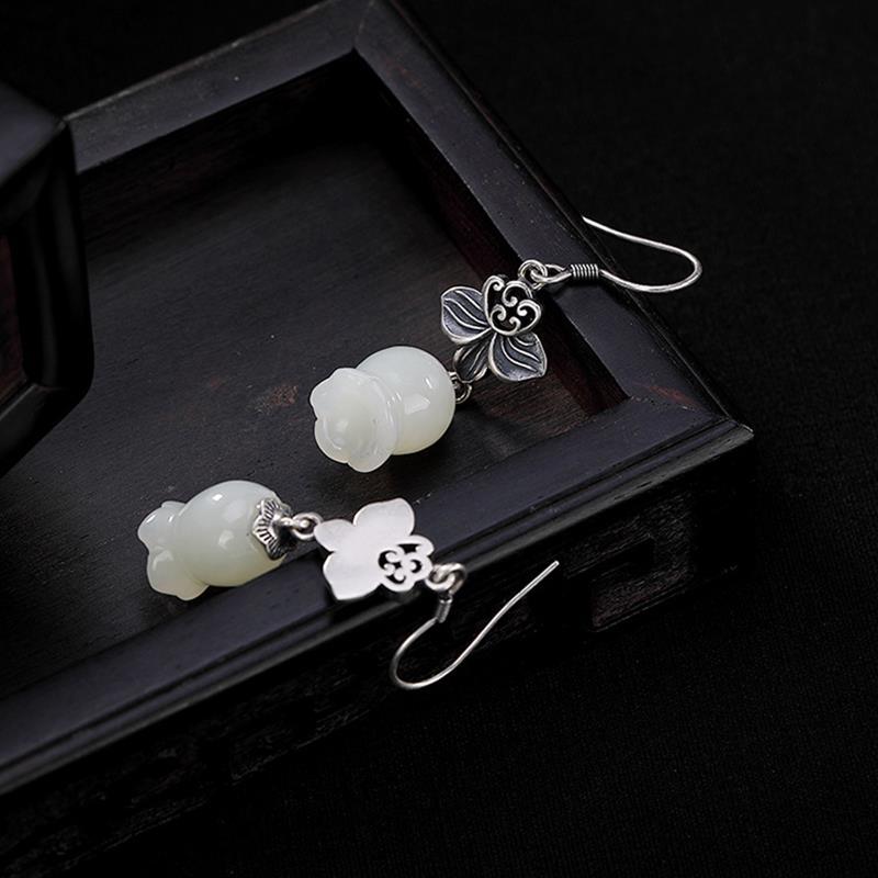 Natural Fine White Jade Lily of The Valley Earrings Vintage Style Retro Elegant Craft Charm Women's Silver Jewelry