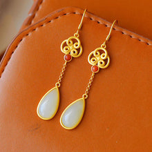 Load image into Gallery viewer, Natural Fine White Jade Long Drop Shaped Earrings Vintage Knot Bohemian Luxury Noble Silver Jewelry
