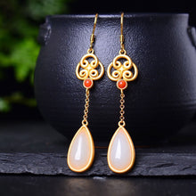 Load image into Gallery viewer, Natural Fine White Jade Long Drop Shaped Earrings Vintage Knot Bohemian Luxury Noble Silver Jewelry
