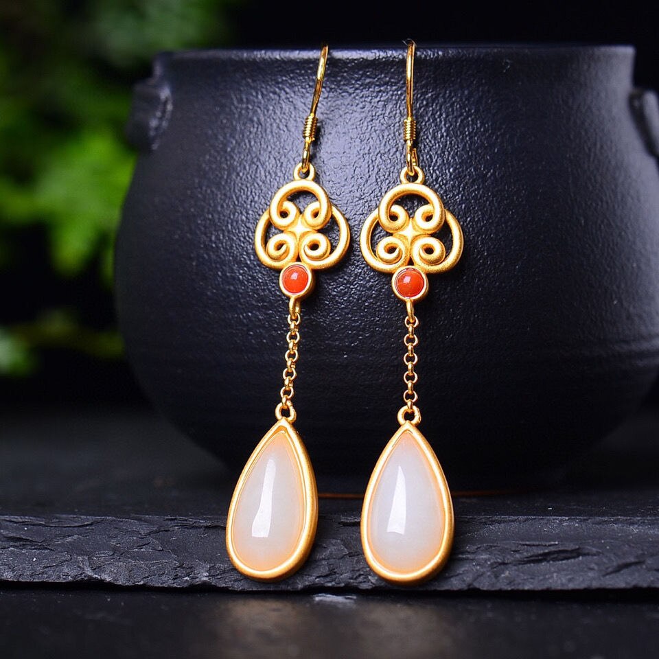 Natural Fine White Jade Long Drop Shaped Earrings Vintage Knot Bohemian Luxury Noble Silver Jewelry