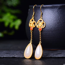 Load image into Gallery viewer, Natural Fine White Jade Long Drop Shaped Earrings Vintage Knot Bohemian Luxury Noble Silver Jewelry
