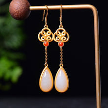 Load image into Gallery viewer, Natural Fine White Jade Long Drop Shaped Earrings Vintage Knot Bohemian Luxury Noble Silver Jewelry
