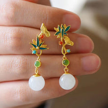 Load image into Gallery viewer, Natural Fine White Jade Lotus Long Earrings Vintage Style Retro Unique Craft Luxury Charm Women&#39;s Silver Jewelry
