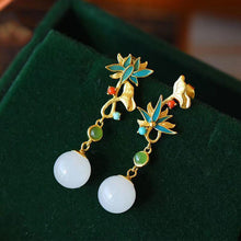 Load image into Gallery viewer, Natural Fine White Jade Lotus Long Earrings Vintage Style Retro Unique Craft Luxury Charm Women&#39;s Silver Jewelry
