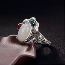 Load image into Gallery viewer, Natural Fine White Jade Lotus Opening Adjustable Ring Vintage Retro Luxury Charm Women&#39;s Silver Jewelry
