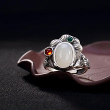 Load image into Gallery viewer, Natural Fine White Jade Lotus Opening Adjustable Ring Vintage Retro Luxury Charm Women&#39;s Silver Jewelry
