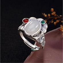 Load image into Gallery viewer, Natural Fine White Jade Lotus Opening Adjustable Ring Vintage Retro Luxury Charm Women&#39;s Silver Jewelry
