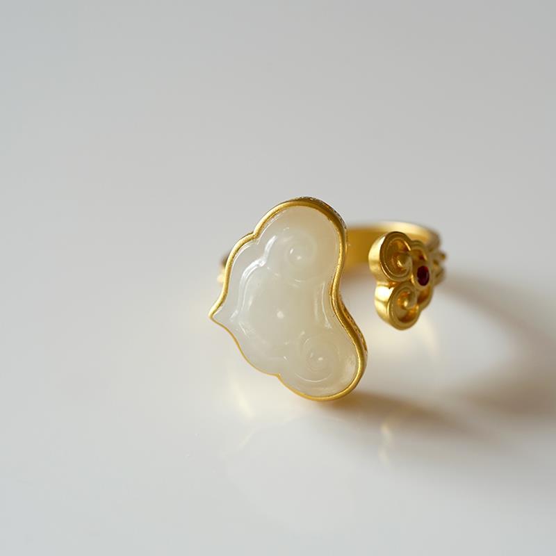 Natural Fine White Jade Opening Adjustable Ring Vintage Style Retro Unique Craft Charm Women's Silver Jewelry