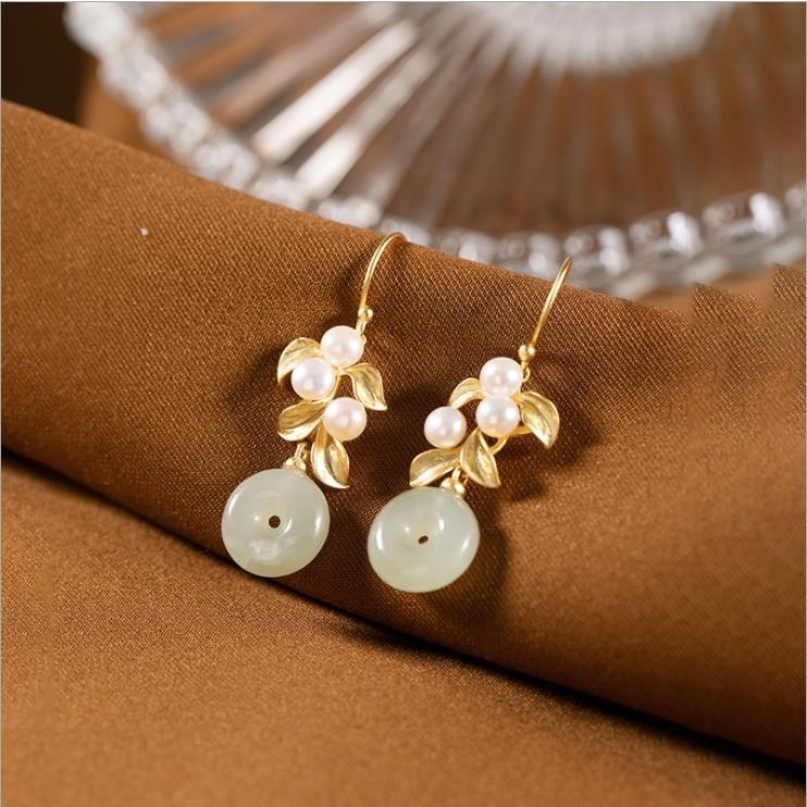 Natural Fine White Jade Earrings Vintage Style Retro Charm Creative Luxury Lady Silver Jewelry