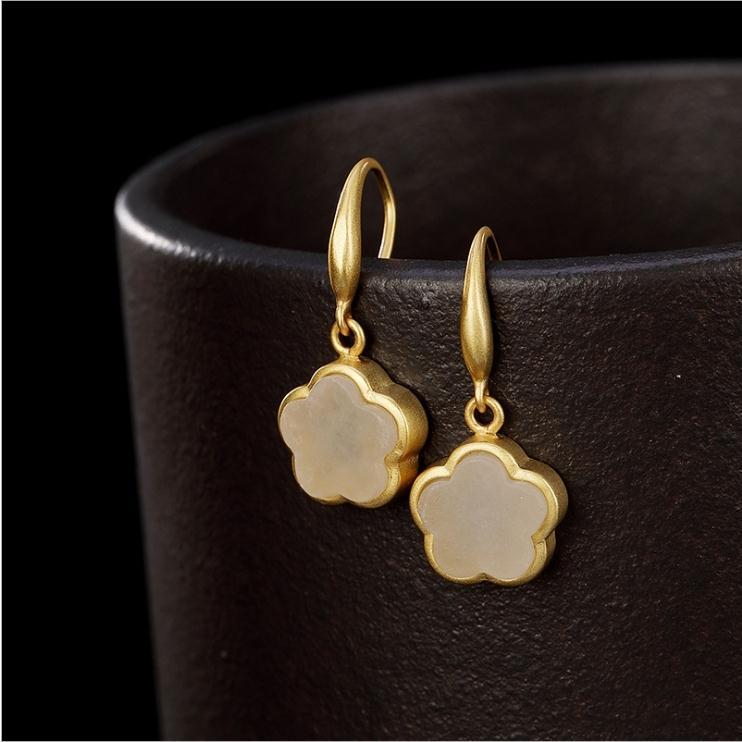 Lokaloca Natural Fine White Jade Plum Blossom Earrings