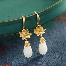 Load image into Gallery viewer, Natural Fine White Jade Plum Blossom Magnolia Earrings Vintage Style Retro Style Elegant Romantic Silver Jewelry
