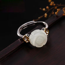 Load image into Gallery viewer, Natural Fine White Jade Rose Flower Opening Adjustable Ring Vintage Style Retro Charm Women&#39;s Brand Silver Jewelry
