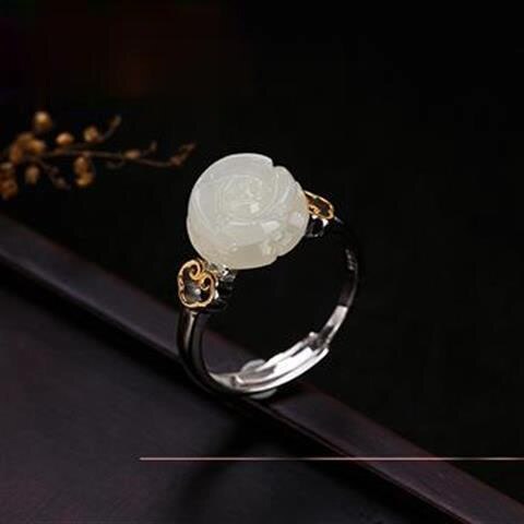 Natural Fine White Jade Rose Flower Opening Adjustable Ring Vintage Style Retro Charm Women's Brand Silver Jewelry