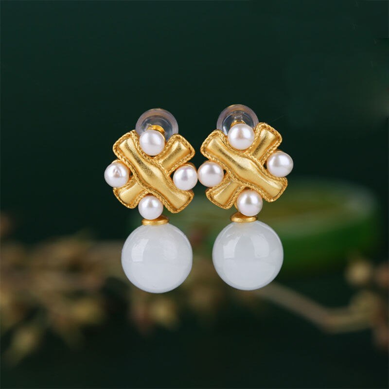 Lokaloca Natural Fine White Jade Round Bead Earrings