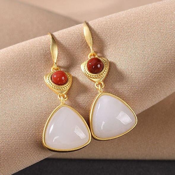 Natural Fine White Jade Geometric Earrings Vintage Style Retro Style Unique Silver Jewelry