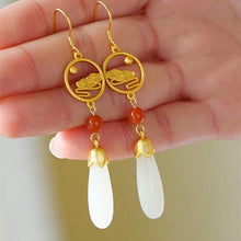 Load image into Gallery viewer, Natural Fine White Jade Water Drop Lotus Long Earrings Vintage Classical Elegant Romantic Women&#39;s Silver Jewelry
