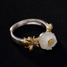 Load image into Gallery viewer, Natural Fine White Jade Flower &amp; Bees Opening Adjustable Ring Vintage Retro Light Luxury Charm Women&#39;s Silver Jewelry
