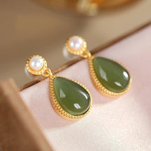 Load image into Gallery viewer, Lokaloca Natural Green Jade Water Drop Shaped Earrings
