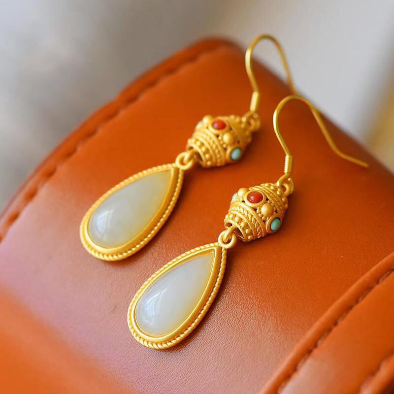 Natural White Jade Drop Earrings Vintage Style Retro Design Elegant Gilding Craft Women's Jewelry