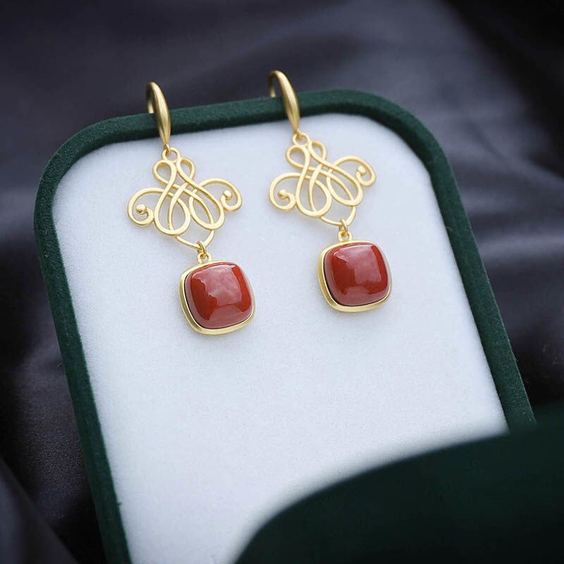 Natural Southern Red Agate Vintage Knot Earrings Retro Style Luxury Elegant Women's Silver Jewelry